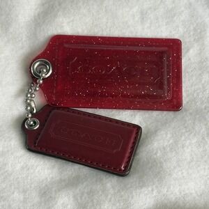 COACH 3.25" Hang Tag Fob Bag Charm Red Glitter & Burgundy Leather, Silver Chain